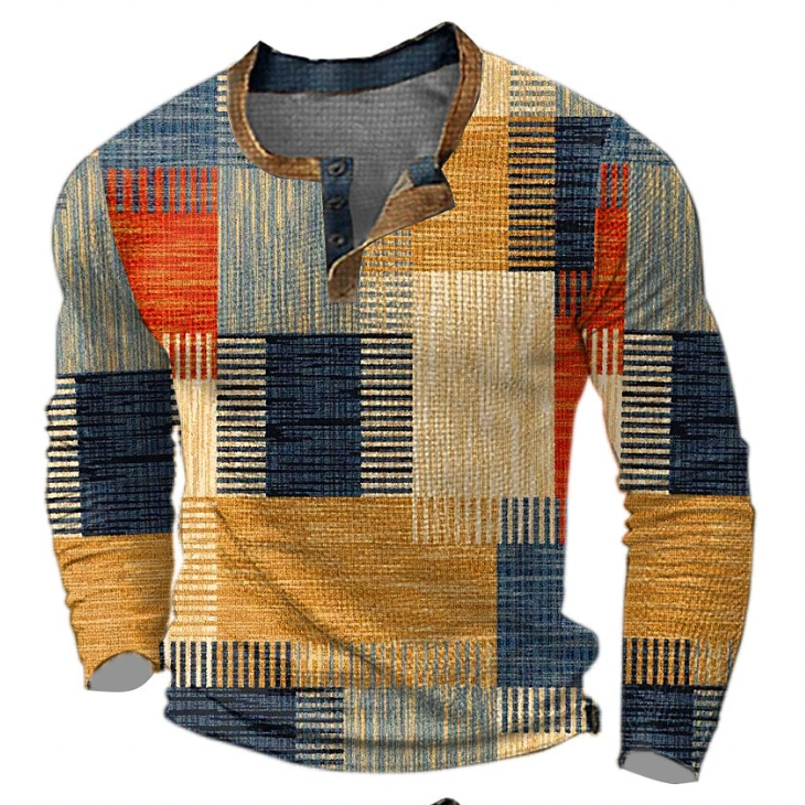 Men's patchwork Henley neck long sleeve sweater. Perfect for casual fall & winter style, combining comfort and fashion.