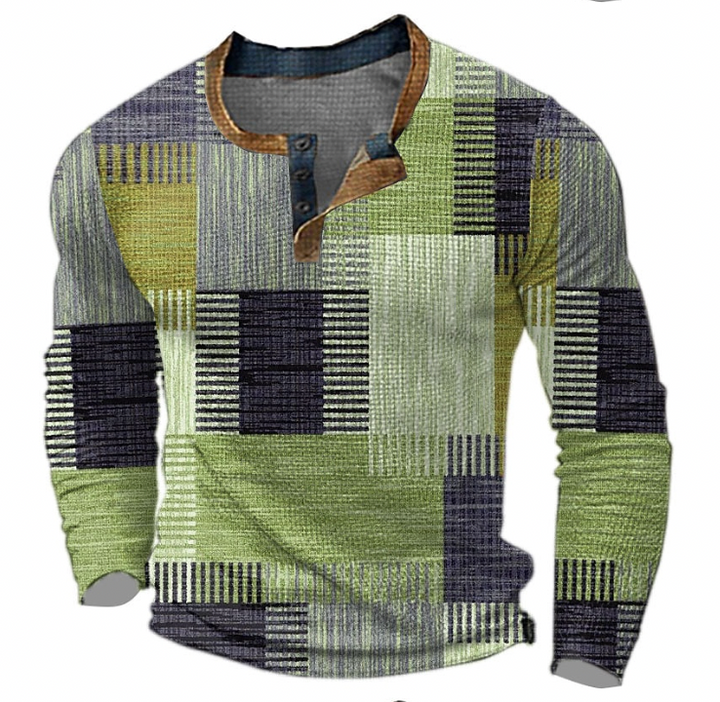 Comfortable men's patchwork long sleeve Henley sweater. Ideal for everyday casual wear, offering warmth and modern style.