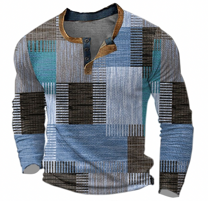 Stylish men's long sleeve patchwork sweater with Henley neck, designed for versatile fall fashion & comfortable winter style.