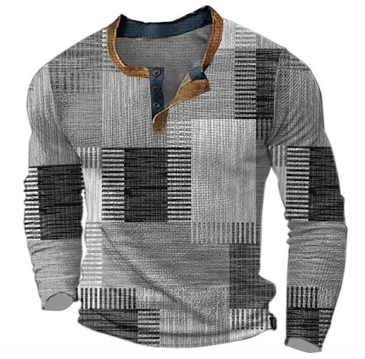 Modern men's Henley sweater featuring unique patchwork design & long sleeves. An essential for stylish fall and winter wear.