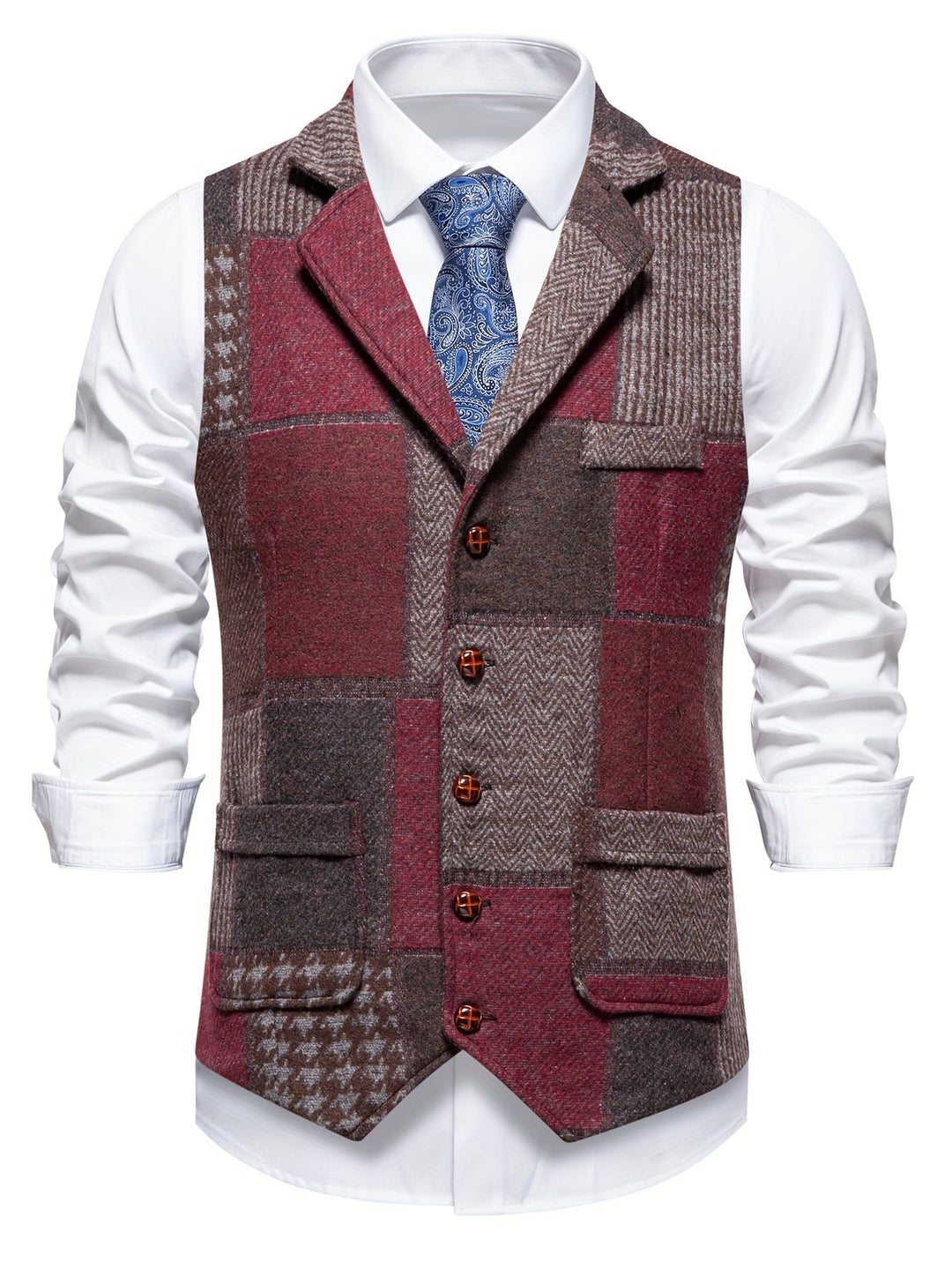 Men's patchwork single-breasted waistcoat vest. Tailored for a smart casual look, ideal for autumn fashion.