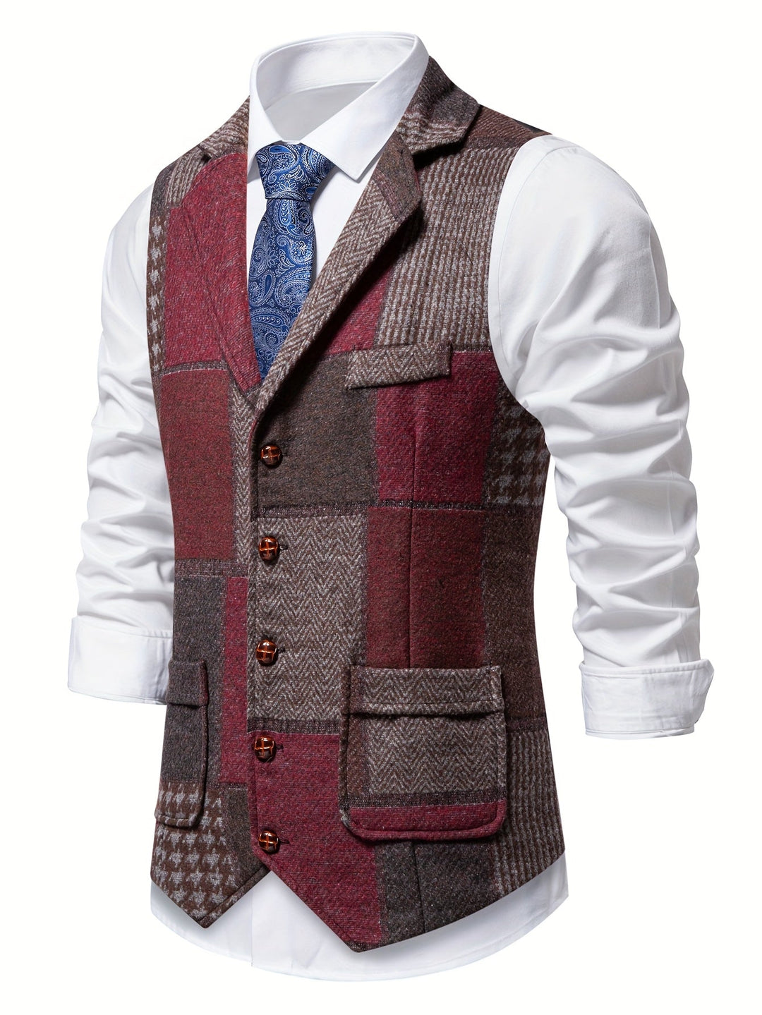 Stylish men's patchwork vest, a unique layering piece for autumn and winter fashion. Smart casual and versatile.