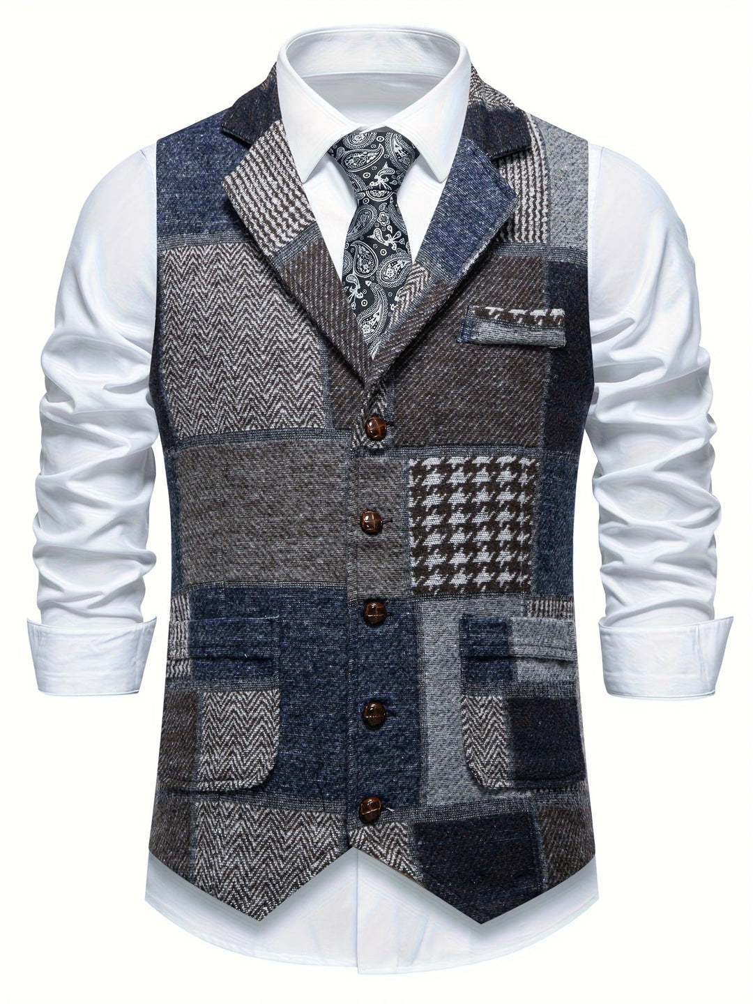 Elegant men's single-breasted waistcoat. Patchwork detailing adds a unique touch to this autumn fashion layering piece.