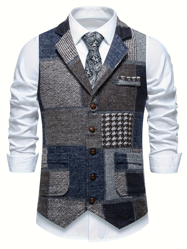 Elegant men's single-breasted waistcoat. Patchwork detailing adds a unique touch to this autumn fashion layering piece.