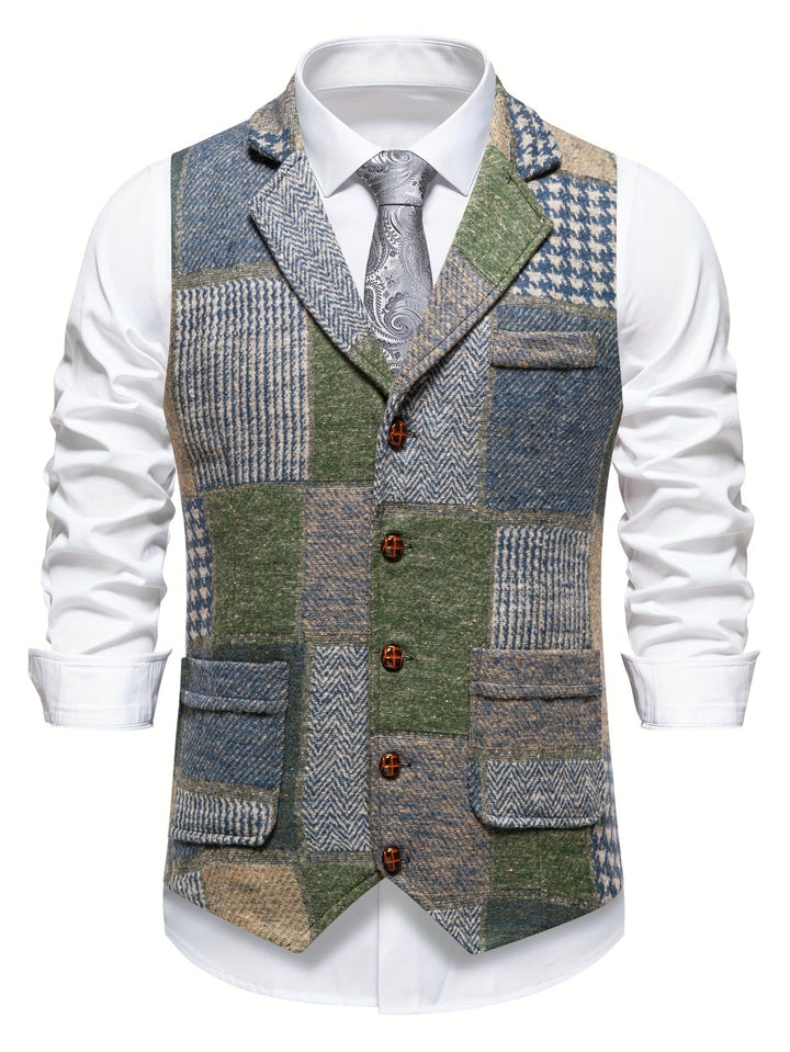 Men's smart casual patchwork vest, a distinctive piece for modern men's fashion. Great for unique winter style.