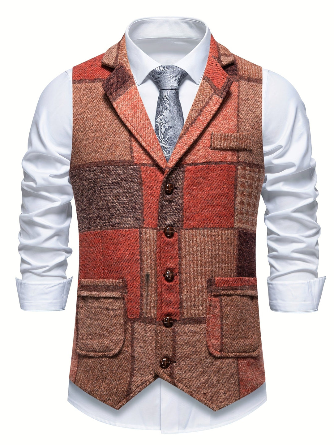 Close-up of a men's patchwork single-breasted waistcoat, highlighting the unique tailored design and texture.