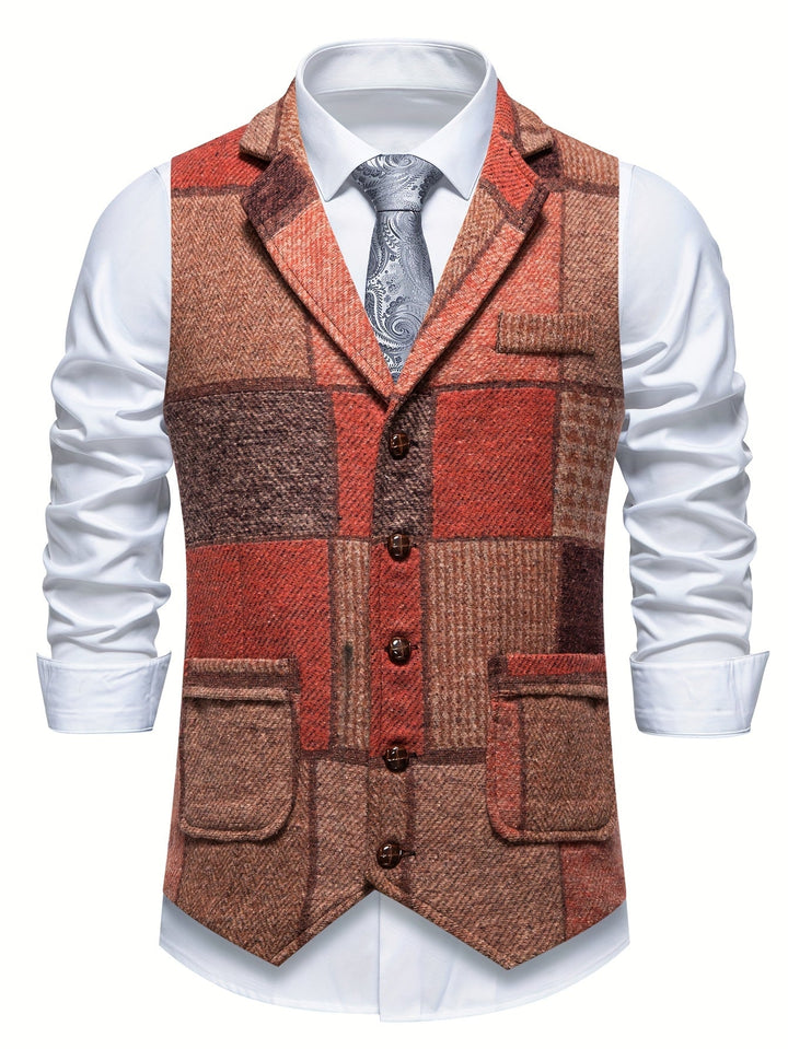 Close-up of a men's patchwork single-breasted waistcoat, highlighting the unique tailored design and texture.