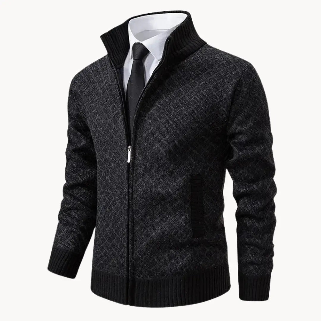 Men's patterned full-zip sweater jacket with stand collar, ideal for stylish layering & winter fashion. Cozy outerwear.