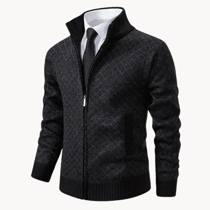 Men's patterned full-zip sweater jacket with stand collar, ideal for stylish layering & winter fashion. Cozy outerwear.