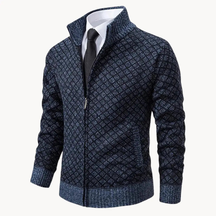 Cozy men's patterned full-zip sweater jacket for casual layering. Features a stylish pattern and comfortable fit.
