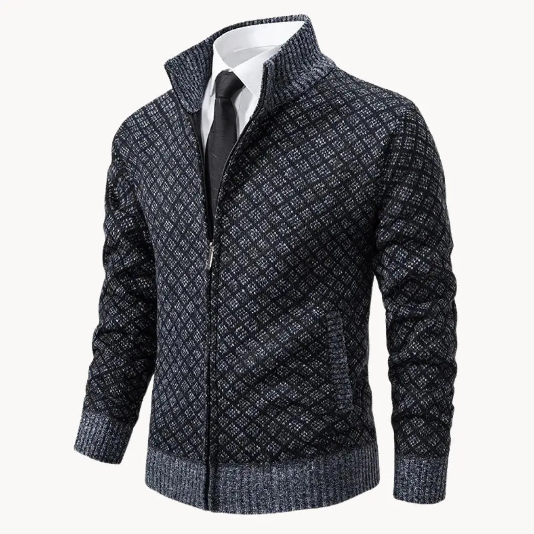 Stylish men's full-zip sweater jacket, perfect for winter layering. Features a unique pattern, stand collar & cozy warmth.
