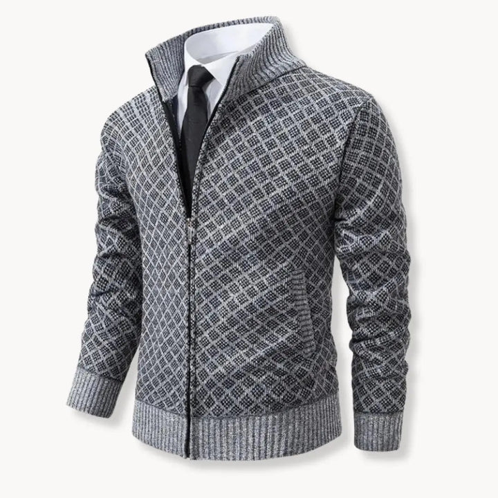 Men's patterned full-zip sweater jacket. Casual outerwear for stylish layering, featuring a cozy design & stand collar.