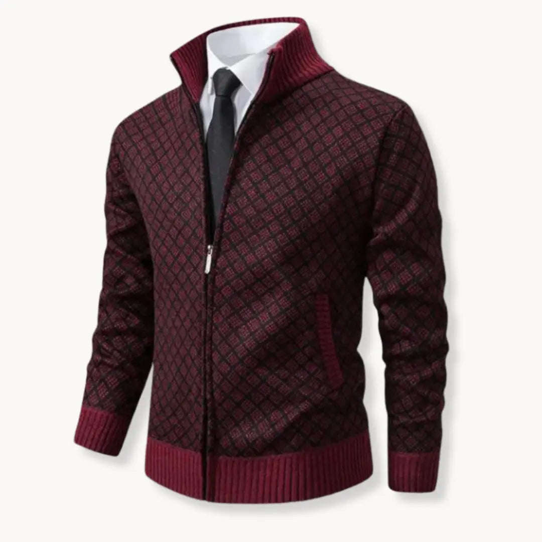 Men's patterned full-zip sweater jacket with stand collar, ideal for stylish casual outfits & cozy winter layering.