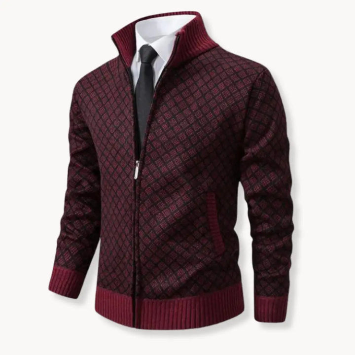 Men's patterned full-zip sweater jacket with stand collar, ideal for stylish casual outfits & cozy winter layering.