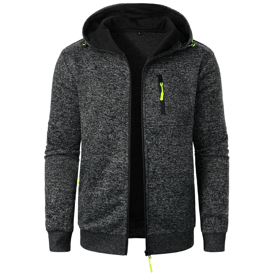 Stylish men's outerwear: patterned zip hoodie, perfect for layering comfort.