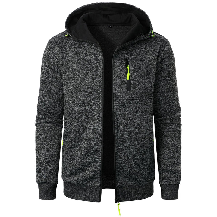 Stylish men's outerwear: patterned zip hoodie, perfect for layering comfort.