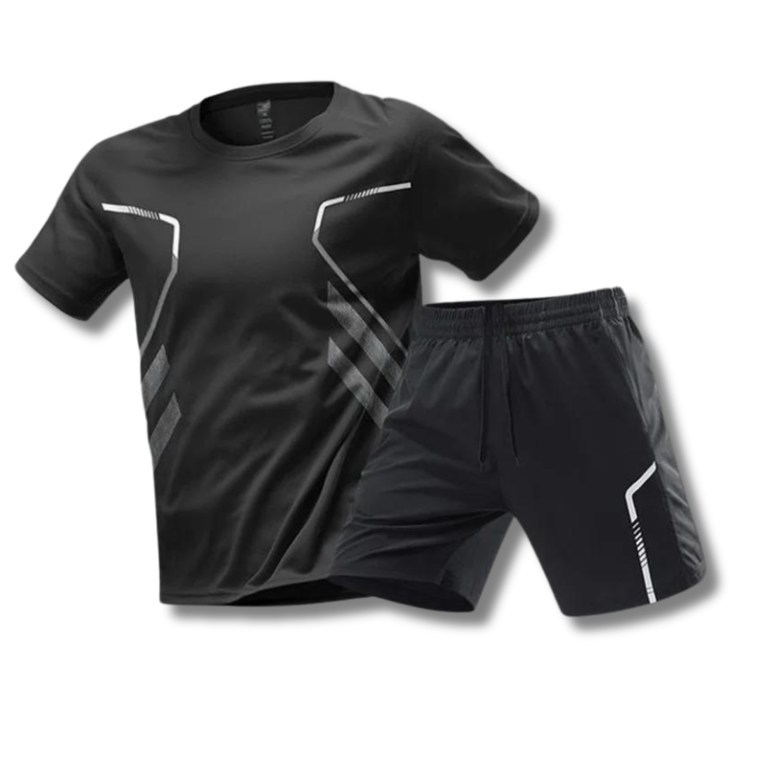 Full shot of men's performance gym & running outfit, a sleek athletic set with t-shirt and sport shorts.