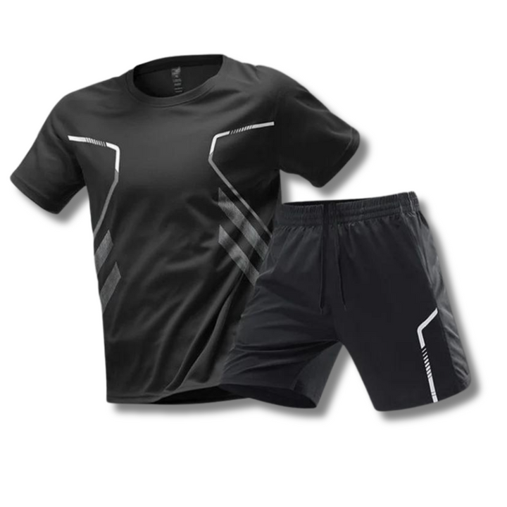 Full shot of men's performance gym & running outfit, a sleek athletic set with t-shirt and sport shorts.