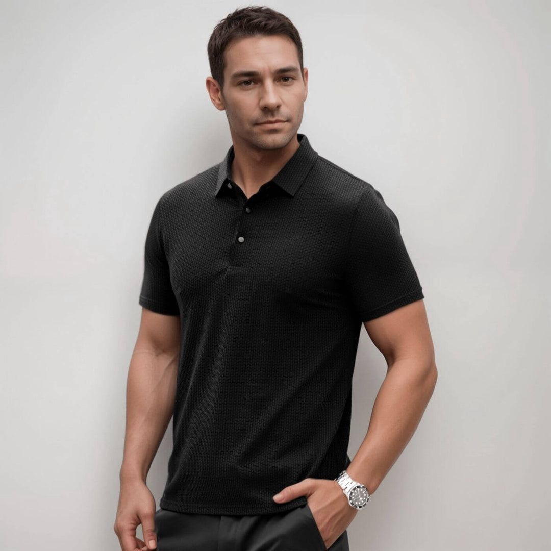 Men's Performance Polo Shirt, athletic fit, breathable, moisture-wicking for golf & everyday comfort.