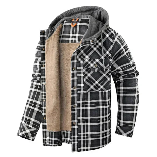 Men's plaid hooded shirt jacket, perfect for casual fall & winter outerwear.