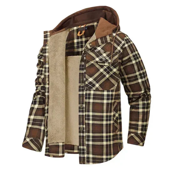 Rugged men's plaid shirt jacket with hood, ideal layering piece for cool weather.