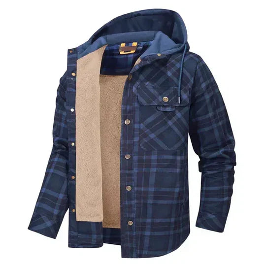 New men's plaid hooded jacket, versatile casual outerwear for fall and winter fashion.
