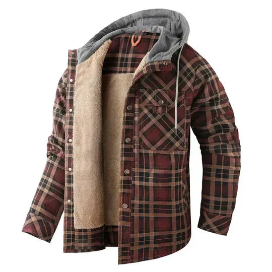 Stylish men's plaid hooded shirt jacket, great for rugged casual layering & everyday wear.
