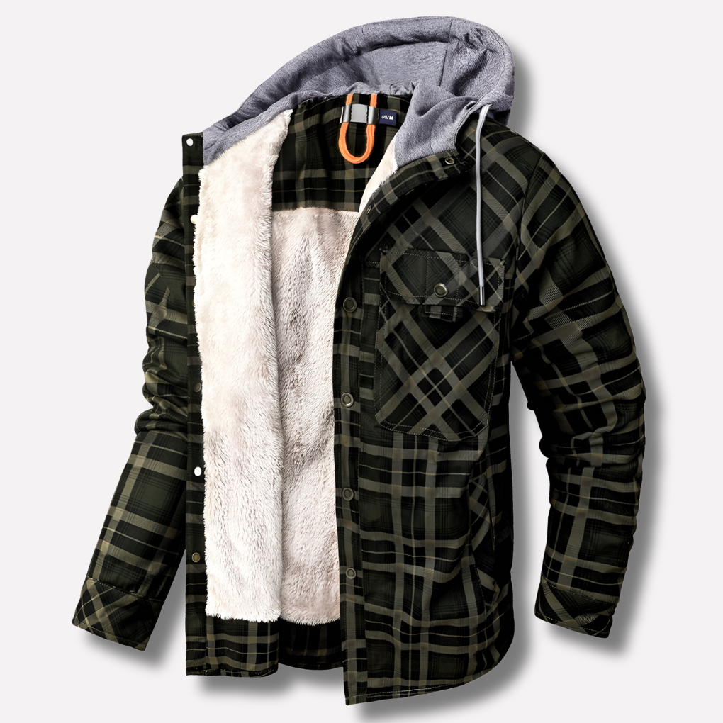 Comfortable men's hooded plaid jacket, shirt-style outerwear for fall/winter men's fashion.