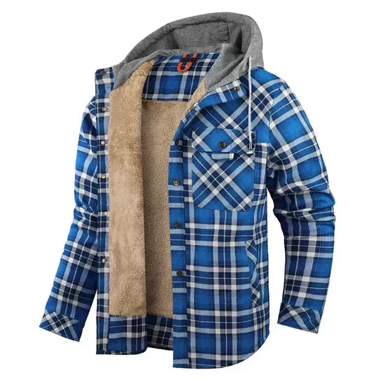 Men's durable plaid hooded shirt jacket, a rugged layering piece for cold weather style.