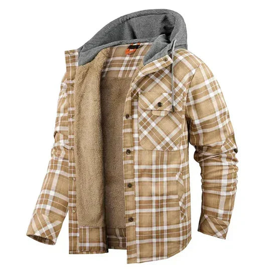 Trendy men's plaid hooded jacket, a casual shirt jacket for modern fall & winter outfits.