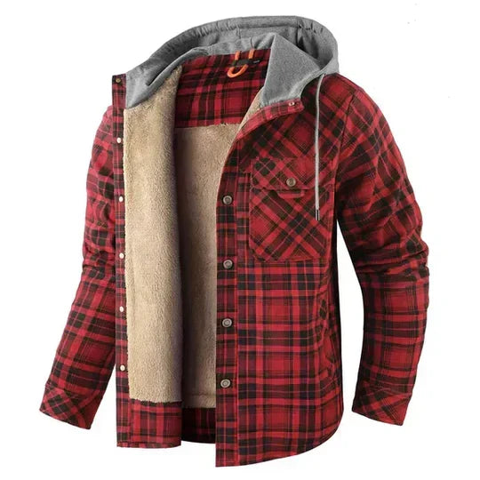 Warm men's plaid hooded shirt jacket, essential casual outerwear for fall & winter layering.