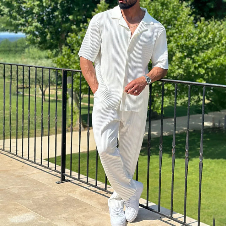 Men's pleated two-piece set: camp collar shirt & straight leg trousers. Relaxed fit, perfect for casual summer wear.