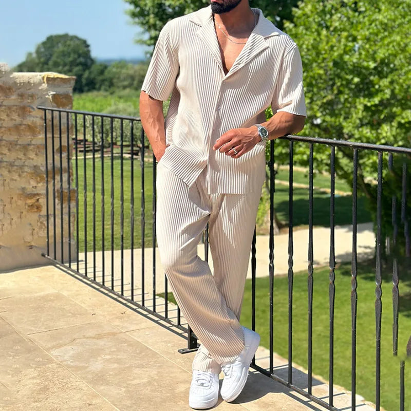 Men's relaxed fit pleated short sleeve shirt & matching straight leg trousers. Stylish smart casual set.