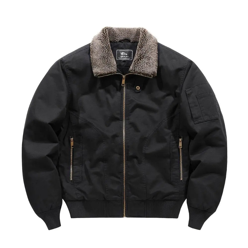 Men's plush Sherpa collar bomber jacket, warm zip-front style. Perfect casual outerwear for fall & winter comfort.