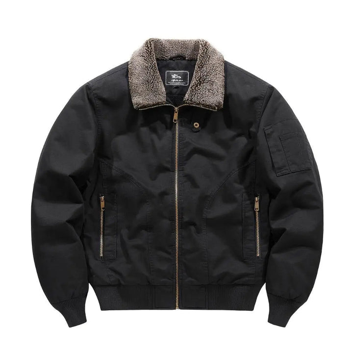 Men's plush Sherpa collar bomber jacket, warm zip-front style. Perfect casual outerwear for fall & winter comfort.