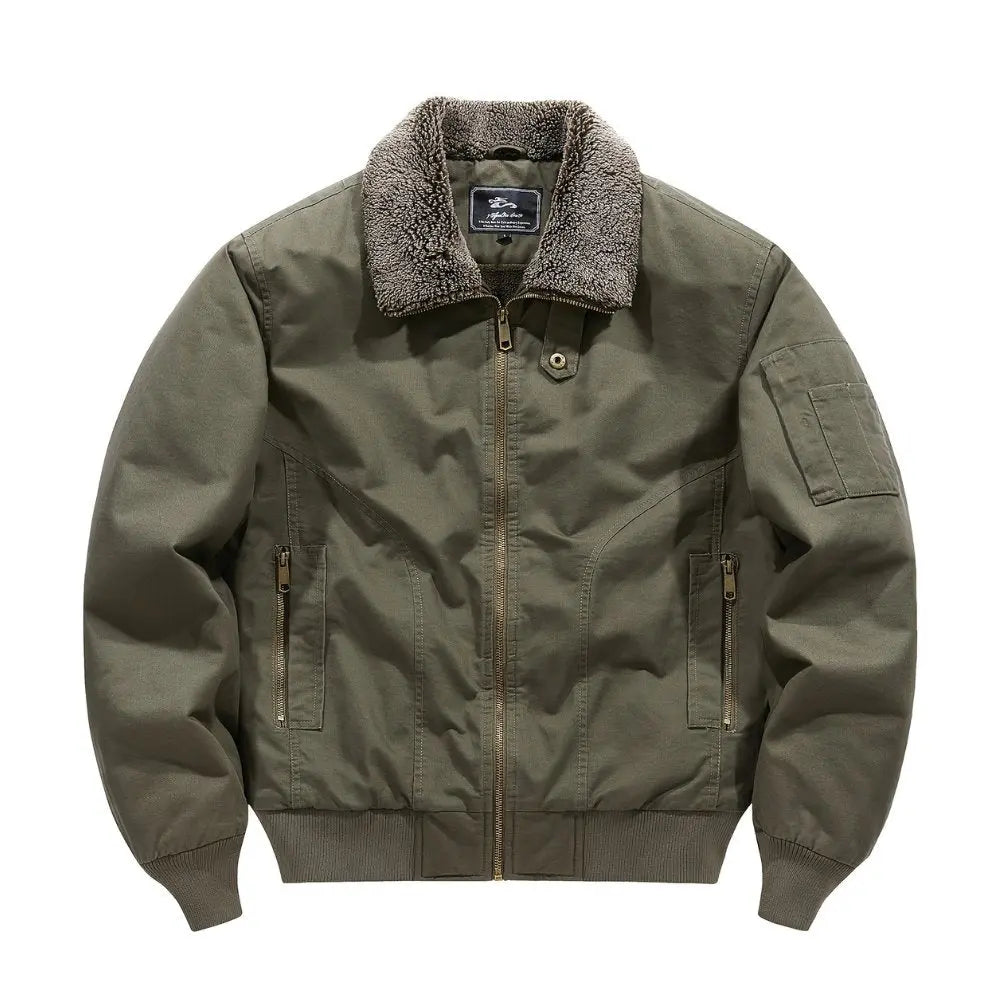 Stylish men's warm bomber jacket with soft Sherpa collar, full zip front & ribbed cuffs. Ideal fall/winter outerwear.