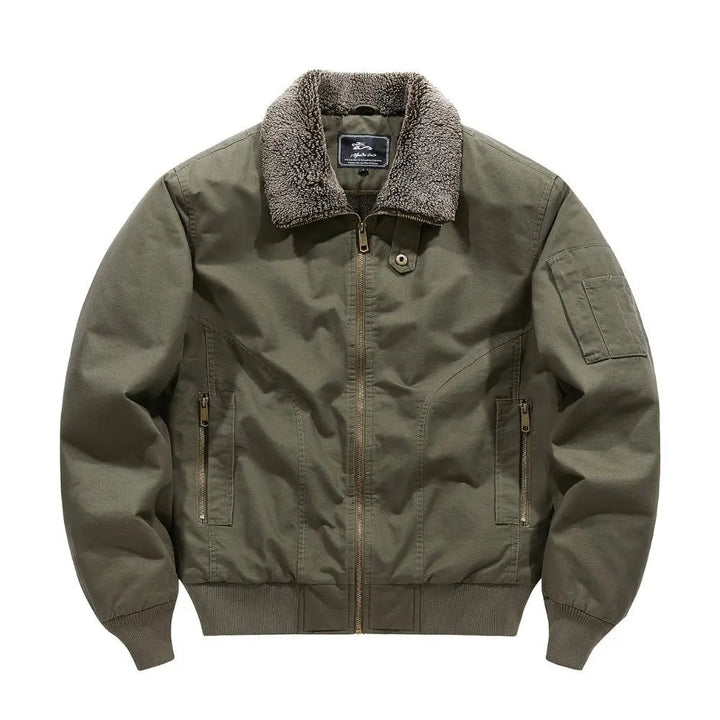 Stylish men's warm bomber jacket with soft Sherpa collar, full zip front & ribbed cuffs. Ideal fall/winter outerwear.