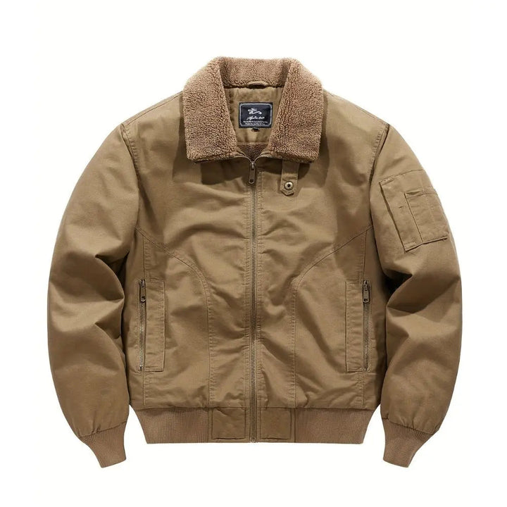 Men's zip-front bomber jacket featuring a plush Sherpa collar, ribbed cuffs & hem. Comfortable & stylish outerwear.