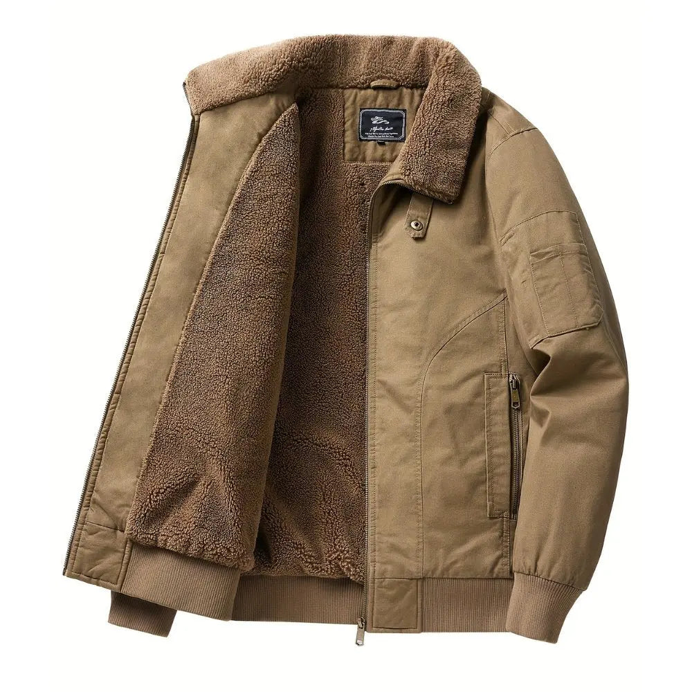 Comfortable men's fall/winter bomber jacket, warm zip front style with a luxurious Sherpa collar. Everyday fashion.