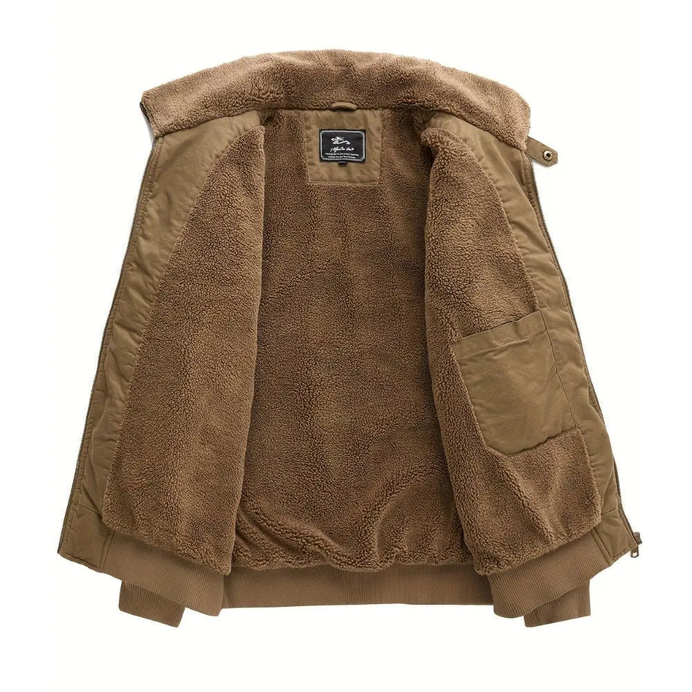 Everyday men's fashion bomber jacket, warm zip front with plush Sherpa collar. Casual fall/winter outerwear piece.