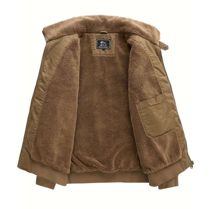 Everyday men's fashion bomber jacket, warm zip front with plush Sherpa collar. Casual fall/winter outerwear piece.