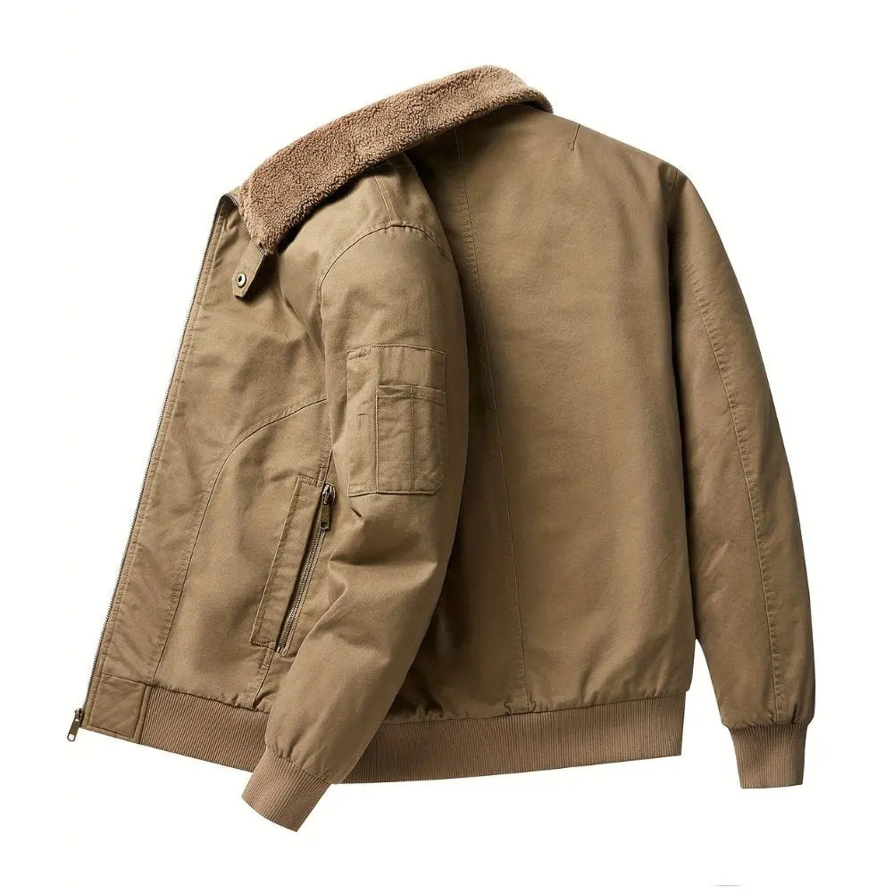 Men's stylish bomber jacket, warm zip front, cozy Sherpa collar & ribbed cuffs for ultimate fall/winter comfort.