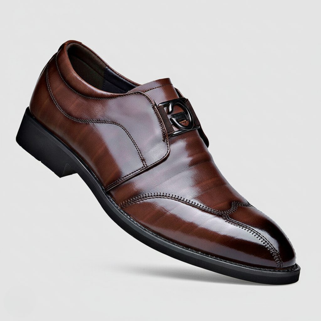 Men's pointed toe monk strap dress shoes with elegant buckles and sleek design.