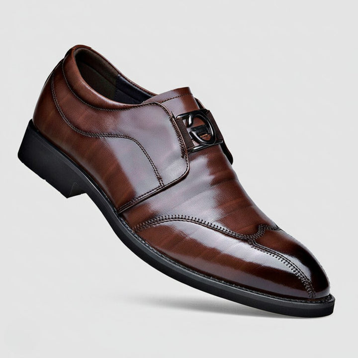 Men's pointed toe monk strap dress shoes with elegant buckles and sleek design.