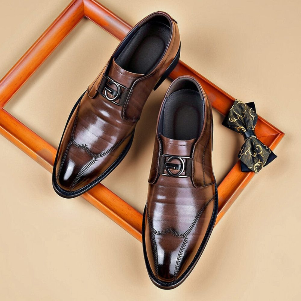 Stylish black pointed toe monk strap dress shoes for men, featuring a convenient slip-on design.