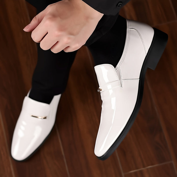 Stylish men's pointed toe slip-on loafers. Modern penny loafers, perfect for formal fashion & sleek office attire.