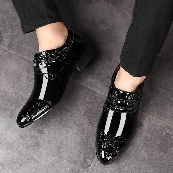 Elegant men's formal dress shoes, polished black derby style with subtle embossing, perfect for weddings or office.