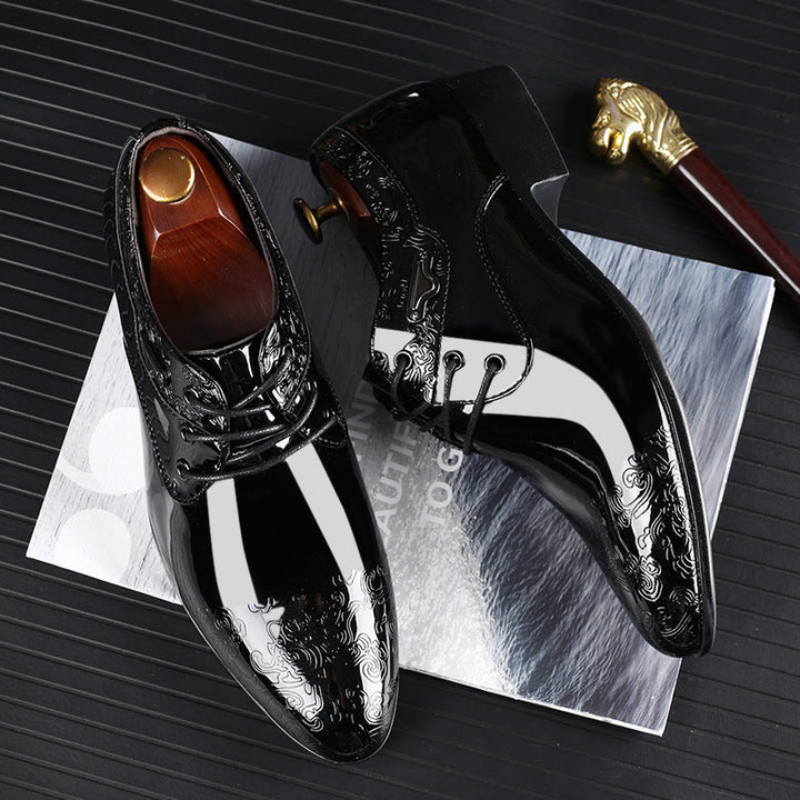 Classic men's polished black derby shoes with sophisticated embossed details and secure lace-up closure for formal elegance.