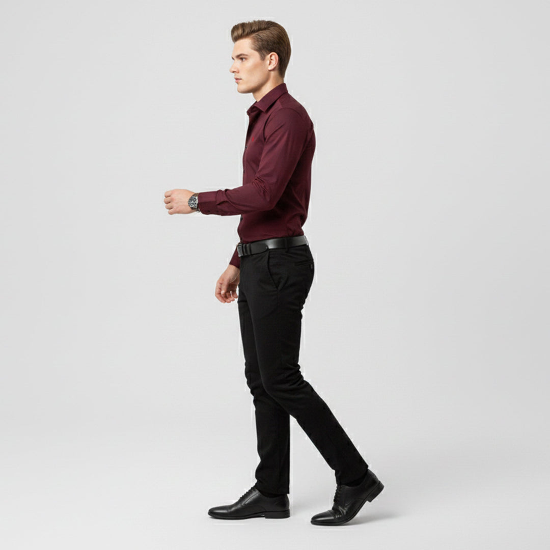 Solid color men's polished button-down shirt. Ideal for a sophisticated, versatile everyday and business casual style.