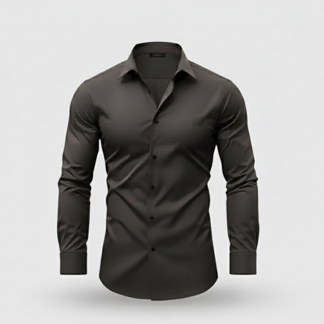 Classic men's polished button-down shirt. Solid color long-sleeve top for formal casual & business style.